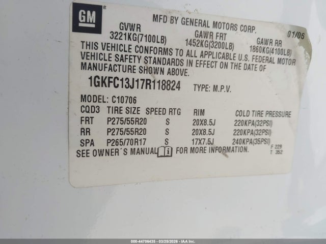 Aukcja sprzedaży 2007 Gmc Yukon Slt, vin: 1GKFC13J17R118824, numer aukcji: 44706435