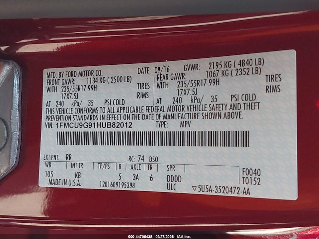 Ford ESCAPE SE 2017 1FMCU9G91HUB82012 Image 9