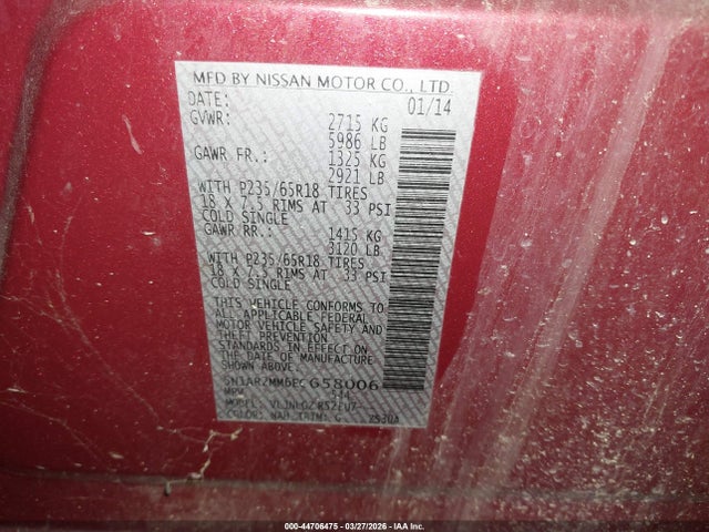 Продаж на аукціоні авто 2014 Nissan Pathfinder Sl, vin: 5N1AR2MM6EC658006, номер лоту: 44706475