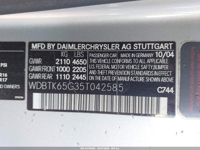 Продажа на аукционе авто 2005 Mercedes-benz Clk 320, vin: WDBTK65G35T042585, номер лота: 44706494