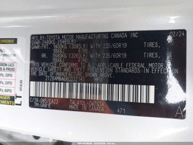 2024 Lexus Rx 350 მანქანა იყიდება აუქციონზე, vin: 2T2BAMBA6RC032145, აუქციონის ნომერი: 44706498