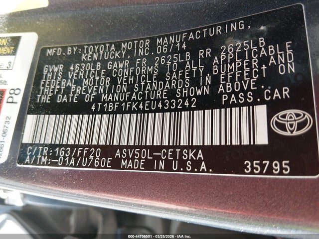 44706501 :رقم المزاد ، 4T1BF1FK4EU433242 vin ، 2014 Toyota Camry Se Sport مزاد بيع