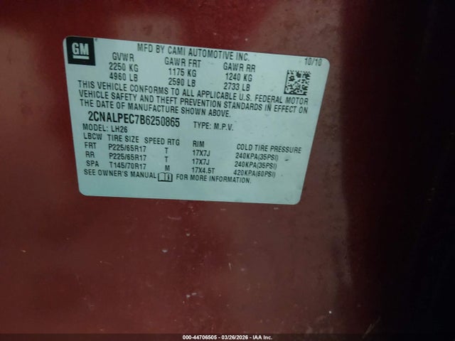 Aukcja sprzedaży 2011 Chevrolet Equinox 2lt, vin: 2CNALPEC7B6250865, numer aukcji: 44706505