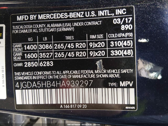 44706506 :رقم المزاد ، 4JGDA5HB4HA939297 vin ، 2017 Mercedes-benz Gle 350 4matic مزاد بيع