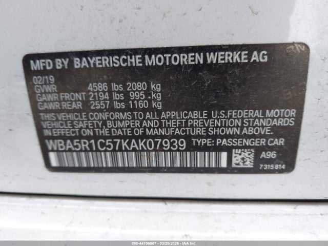 44706507 :رقم المزاد ، WBA5R1C57KAK07939 vin ، 2019 Bmw 330i مزاد بيع