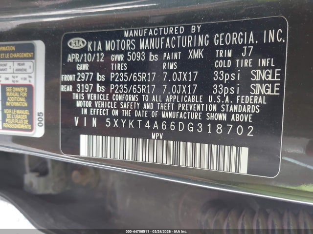 44706511 :رقم المزاد ، 5XYKT4A66DG318702 vin ، 2013 Kia Sorento Lx مزاد بيع