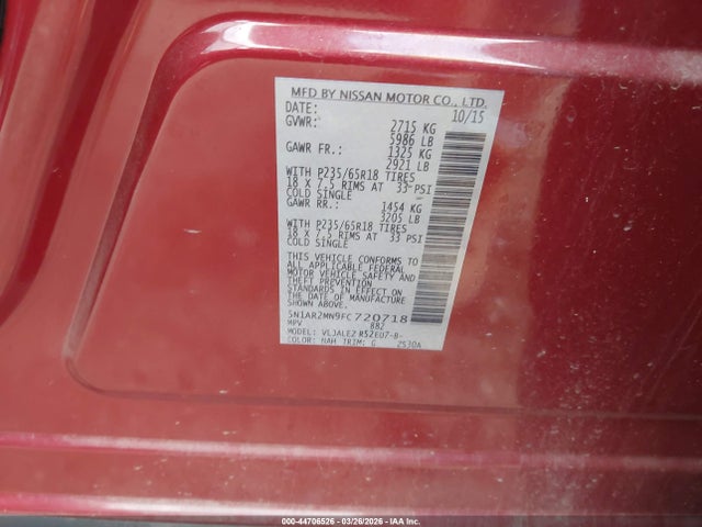 Aukcja sprzedaży 2015 Nissan Pathfinder Sv, vin: 5N1AR2MN9FC720718, numer aukcji: 44706526