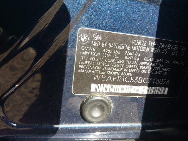 44706536 :رقم المزاد ، WBAFR1C53BC748026 vin ، 2011 Bmw 528i مزاد بيع