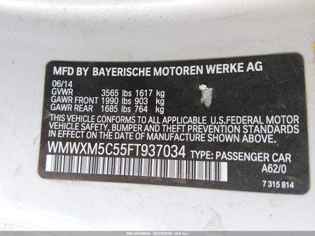 44706544 :رقم المزاد ، WMWXM5C55FT937034 vin ، 2015 Mini Hardtop Cooper مزاد بيع