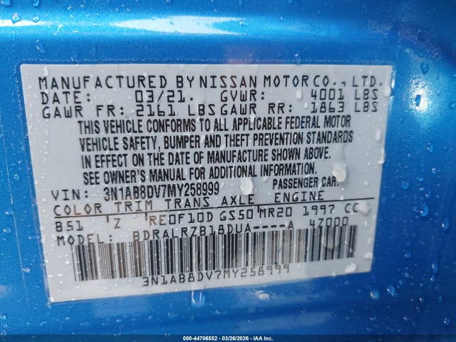 Продаж на аукціоні авто 2021 Nissan Sentra Sr Xtronic Cvt, vin: 3N1AB8DV7MY258999, номер лоту: 44706552