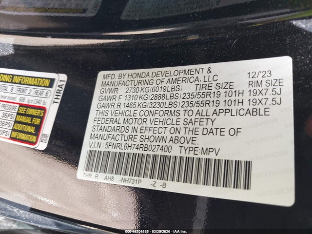 Aukcja sprzedaży 2024 Honda Odyssey Sport, vin: 5FNRL6H74RB027400, numer aukcji: 44706555