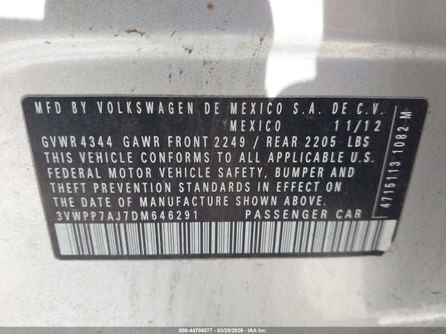 Продаж на аукціоні авто 2013 Volkswagen Jetta Sportwagen 2.5l S, vin: 3VWPP7AJ7DM646291, номер лоту: 44706577
