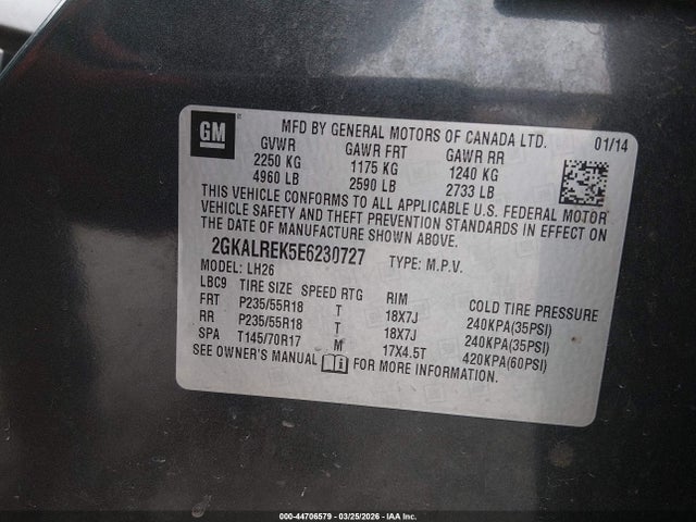 44706579 :رقم المزاد ، 2GKALREK5E6230727 vin ، 2014 Gmc Terrain Sle-2 مزاد بيع
