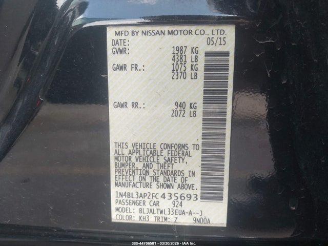 Nissan Altima 3.5 Sl 2015 1N4BL3AP2FC435693 Image 9