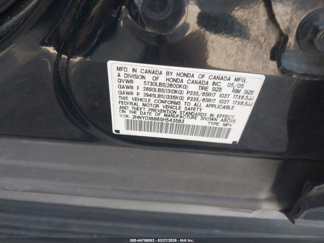44706583 :رقم المزاد ، 2HNYD18865H543583 vin ، 2005 Acura Mdx مزاد بيع
