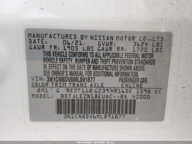Aukcja sprzedaży 2021 Nissan Versa S Xtronic Cvt, vin: 3N1CN8DV6ML891877, numer aukcji: 44706589