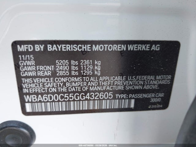 44706590 :رقم المزاد ، WBA6D0C55GG432605 vin ، 2016 Bmw 640i Gran Coupe مزاد بيع