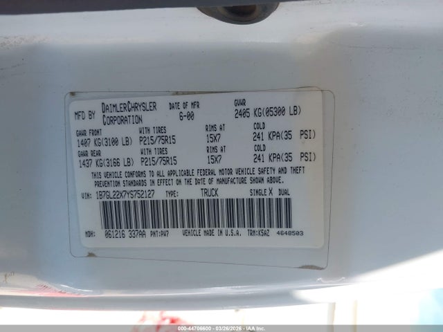 Aukcja sprzedaży 2000 Dodge Dakota Slt/sport, vin: 1B7GL22X7YS752127, numer aukcji: 44706600