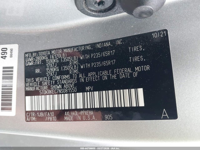 Aukcja sprzedaży 2022 Toyota Sienna Le, vin: 5TDKRKEC7NS081550, numer aukcji: 44706605