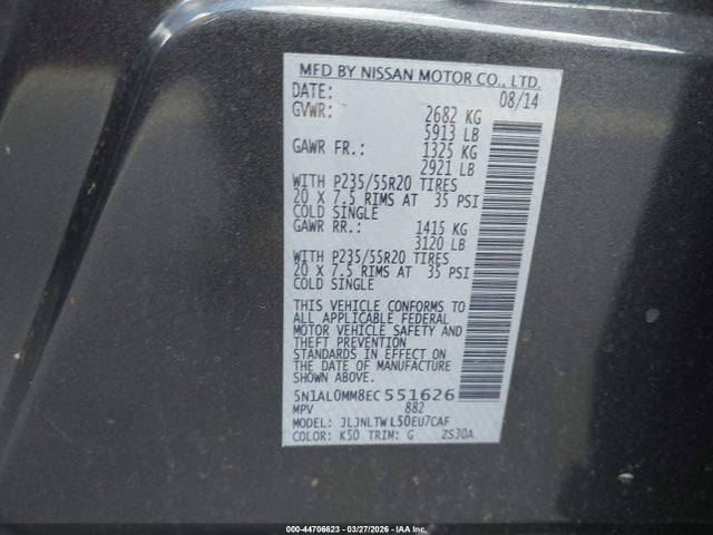 Aukcja sprzedaży 2014 Infiniti Qx60, vin: 5N1AL0MM8EC551626, numer aukcji: 44706623