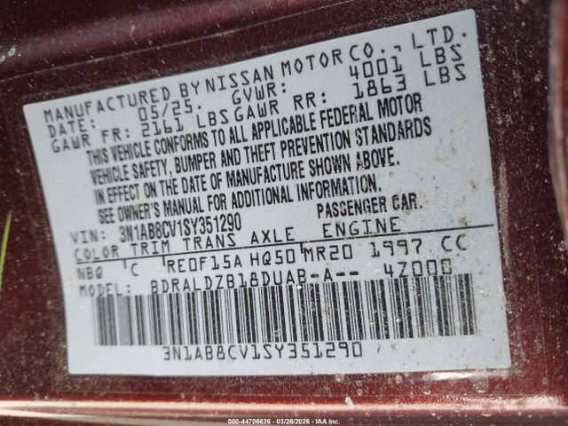 3N1AB8CV1SY351290 Nissan SENTRA SV