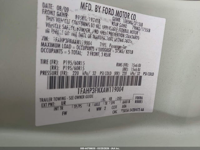 Aukcja sprzedaży 2010 Ford Focus Se, vin: 1FAHP3FNXAW119004, numer aukcji: 44706635