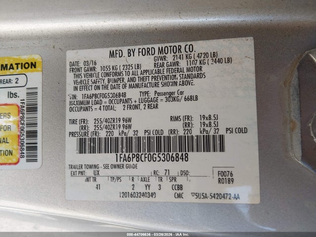 Auction sale of the 2016 Ford Mustang Gt Premium, vin: 1FA6P8CF0G5306848, lot number: 44706636
