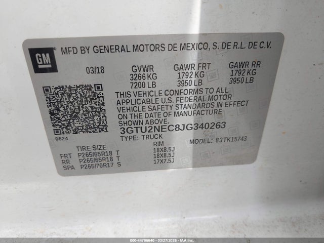 44706640 :رقم المزاد ، 3GTU2NEC8JG340263 vin ، 2018 Gmc Sierra 1500 Slt مزاد بيع