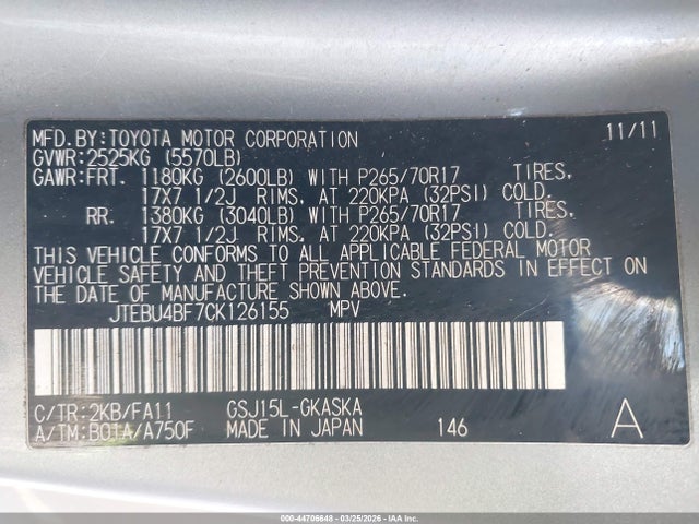 2012 TOYOTA FJ CRUISER JTEBU4BF7CK126155 Photo 8