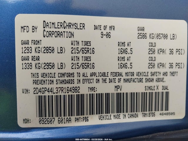 44706654 :رقم المزاد ، 2D4GP44L37R164982 vin ، 2007 Dodge Grand Caravan Sxt مزاد بيع