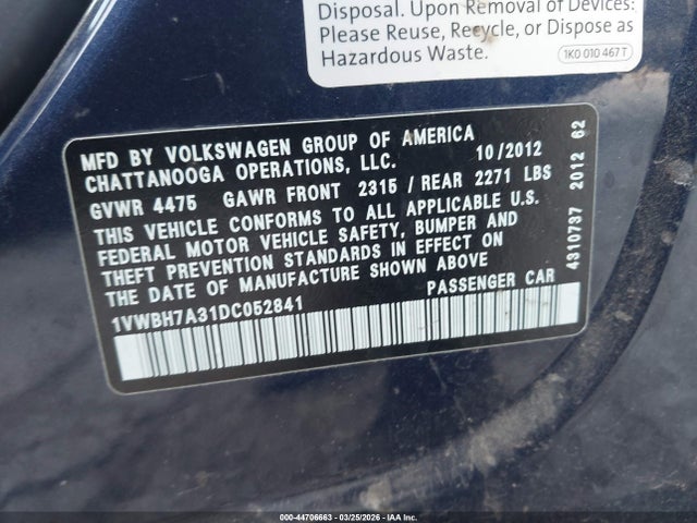 44706663 :رقم المزاد ، 1VWBH7A31DC052841 vin ، 2013 Volkswagen Passat 2.5l Se مزاد بيع