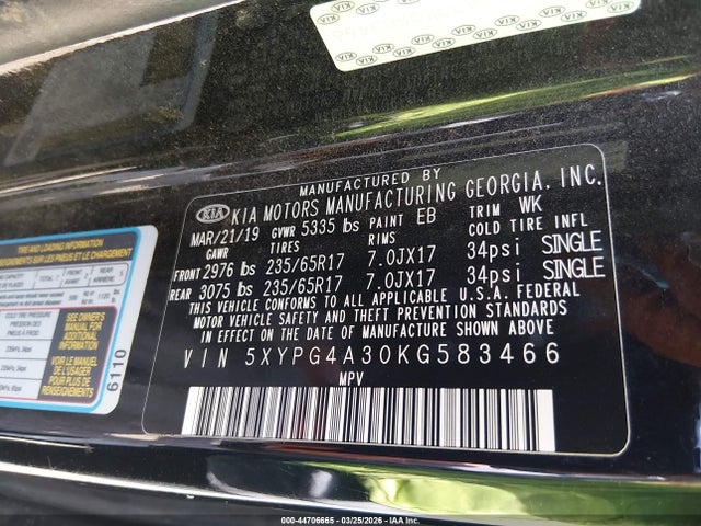 Auction sale of the 2019 Kia Sorento 2.4l L, vin: 5XYPG4A30KG583466, lot number: 44706665