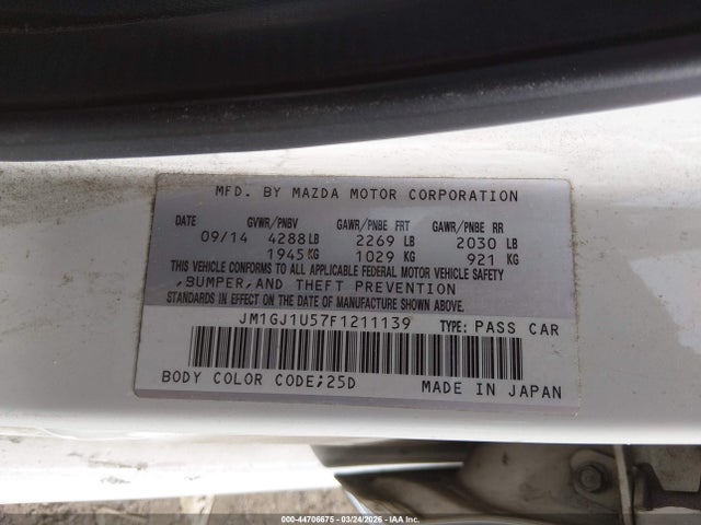 44706675 :رقم المزاد ، JM1GJ1U57F1211139 vin ، 2015 Mazda Mazda6 I Sport مزاد بيع