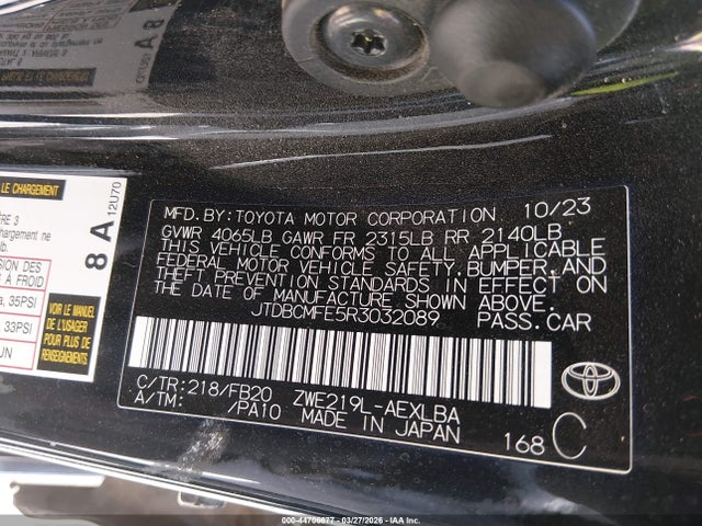 44706677 :رقم المزاد ، JTDBCMFE5R3032089 vin ، 2024 Toyota Corolla Hybrid Le مزاد بيع