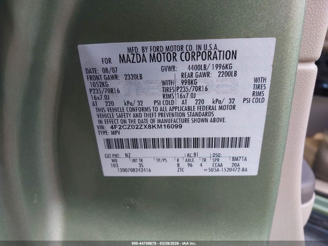 Продажа на аукционе авто 2008 Mazda Tribute I Touring, vin: 4F2CZ02ZX8KM16099, номер лота: 44706678