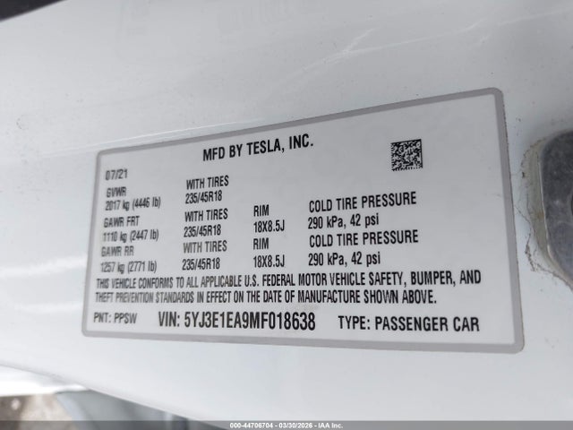 Продаж на аукціоні авто 2021 Tesla Model 3 Standard Range Plus Rear-wheel Drive, vin: 5YJ3E1EA9MF018638, номер лоту: 44706704