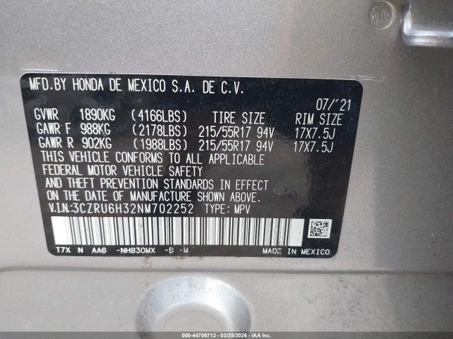 3CZRU6H32NM702252 Honda Hr-v Awd Lx