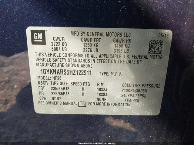 44706719 :رقم المزاد ، 1GYKNARS5HZ122911 vin ، 2017 Cadillac Xt5 Standard مزاد بيع