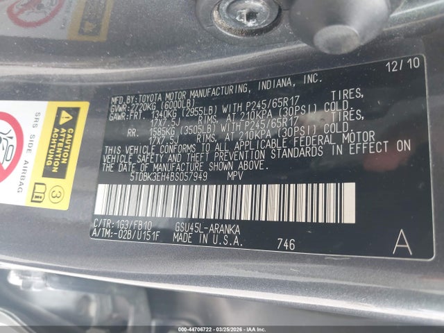 Aukcja sprzedaży 2011 Toyota Highlander Base V6, vin: 5TDBK3EH4BS057949, numer aukcji: 44706722
