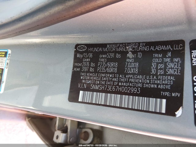 Aukcja sprzedaży 2007 Hyundai Santa Fe Limited/se, vin: 5NMSH73E67H002993, numer aukcji: 44706733