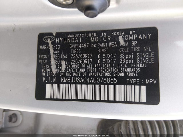 44706734 :رقم المزاد ، KM8JU3AC4AU078855 vin ، 2010 Hyundai Tucson Gls مزاد بيع