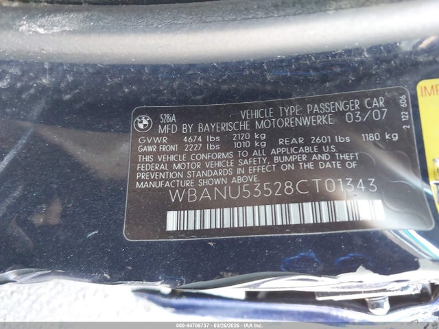 Продажа на аукционе авто 2008 Bmw 528i, vin: WBANU53528CT01343, номер лота: 44706737