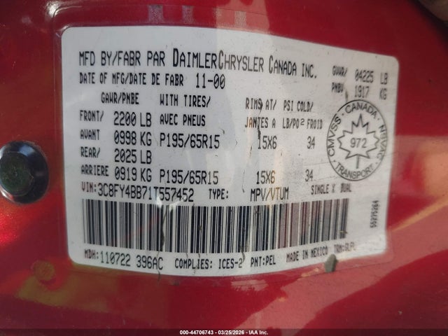 Продаж на аукціоні авто 2001 Chrysler Pt Cruiser, vin: 3C8FY4BB71T557452, номер лоту: 44706743