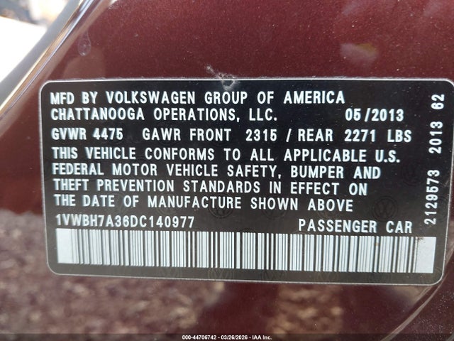 Продаж на аукціоні авто 2013 Volkswagen Passat 2.5l Se, vin: 1VWBH7A36DC140977, номер лоту: 44706742