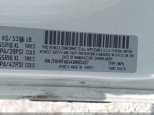 44706753 :رقم المزاد ، ZFBHRFAB4K6M85497 vin ، 2019 Ram Promaster City Tradesman مزاد بيع