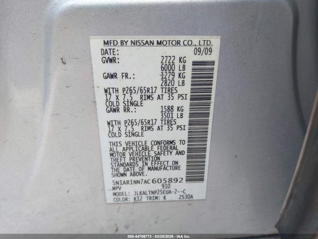 2010 Nissan Pathfinder Se მანქანა იყიდება აუქციონზე, vin: 5N1AR1NN7AC605892, აუქციონის ნომერი: 44706773