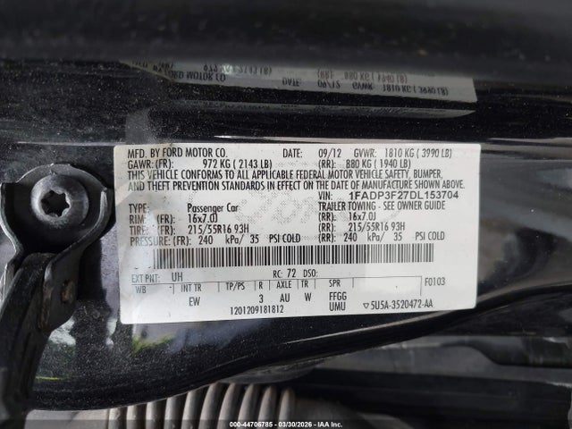 2013 Ford Focus Se მანქანა იყიდება აუქციონზე, vin: 1FADP3F27DL153704, აუქციონის ნომერი: 44706785