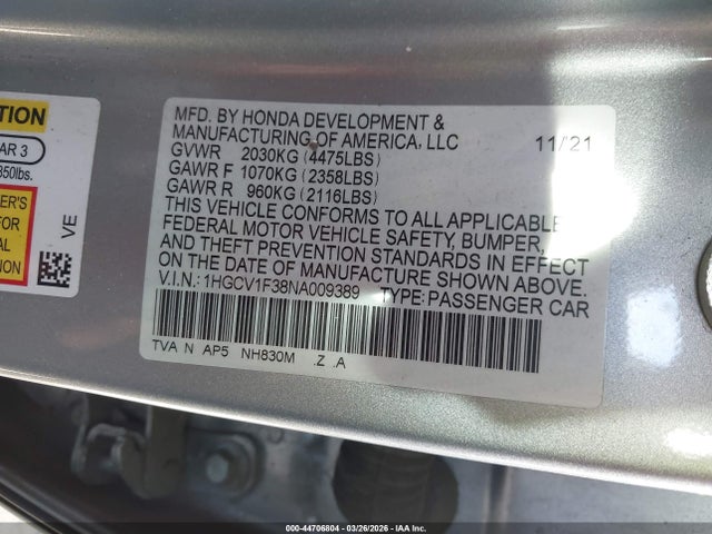 1HGCV1F38NA009389 Honda Accord Sport