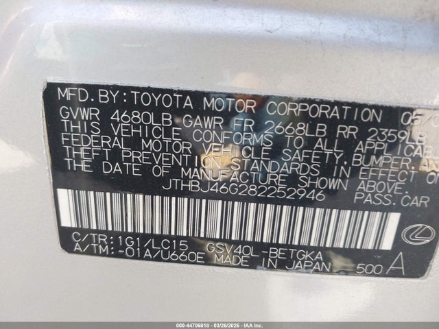 Aukcja sprzedaży 2008 Lexus Es 350, vin: JTHBJ46G282252946, numer aukcji: 44706818