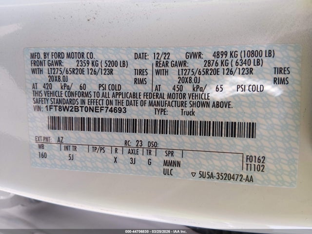 2022 Ford F-250 Lariat მანქანა იყიდება აუქციონზე, vin: 1FT8W2BT0NEF74693, აუქციონის ნომერი: 44706830
